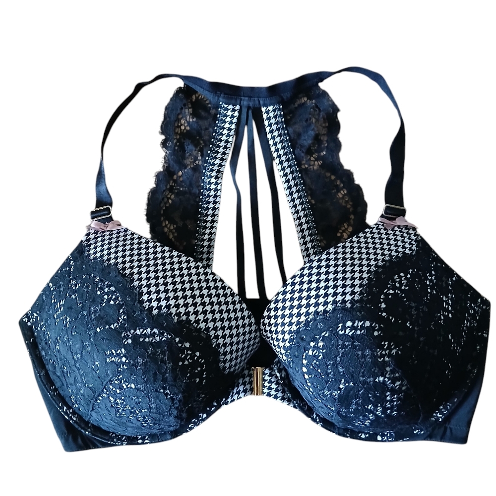 Cacique Lane Bryant Sxy Hounds Tooth Print and  Black Lace Push-up Bra Size 42DD
